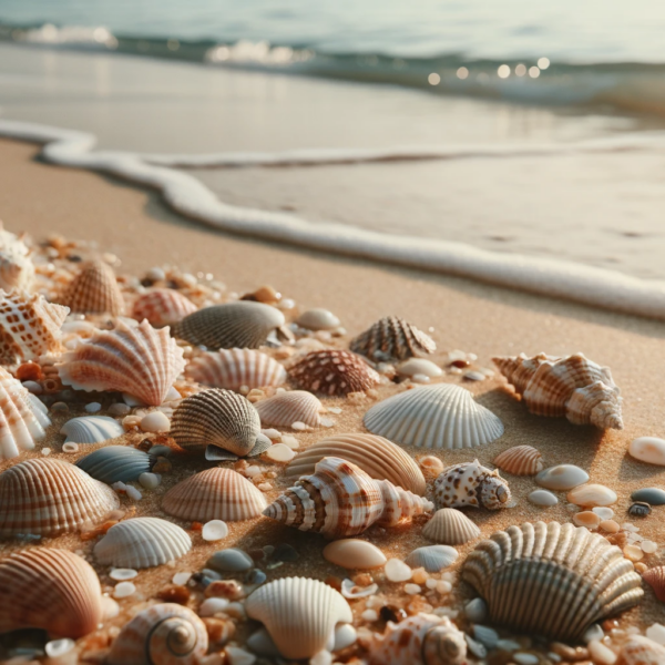 Einige verschiedene Muscheln verschiedener Formen und Größen am Strand, im Hintergrund eine seichte Welle.