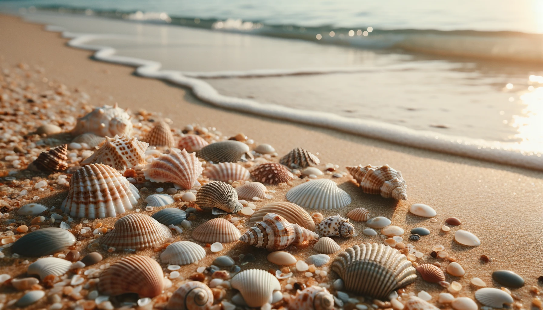 Einige verschiedene Muscheln verschiedener Formen und Größen am Strand, im Hintergrund eine seichte Welle.